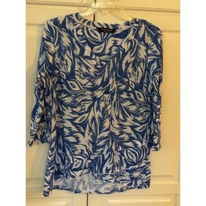 Tango Mango Womens Blue White‎ Leaf Print 3/4 Sleeve Top Shirt P/S